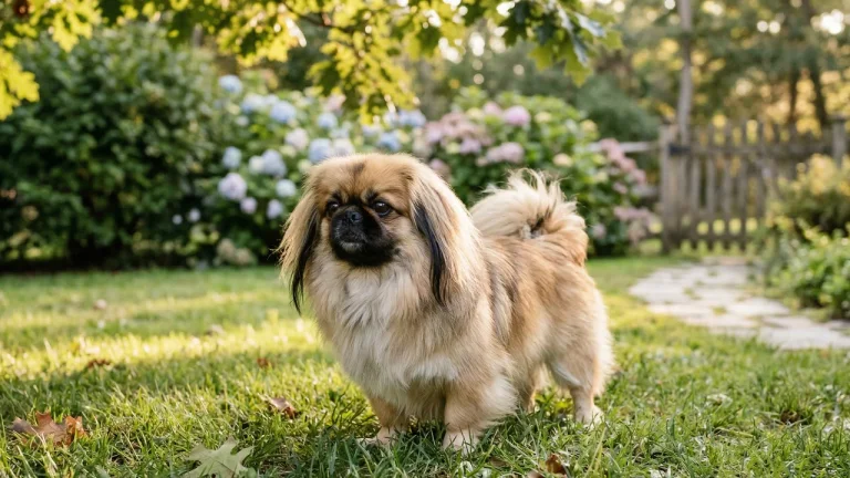 A full-body photograph of the Pekingese standing on a grassy lawn in a lush garden setting during golden hour, flanked by blooming hydrangeas and a rustic wooden fence.
