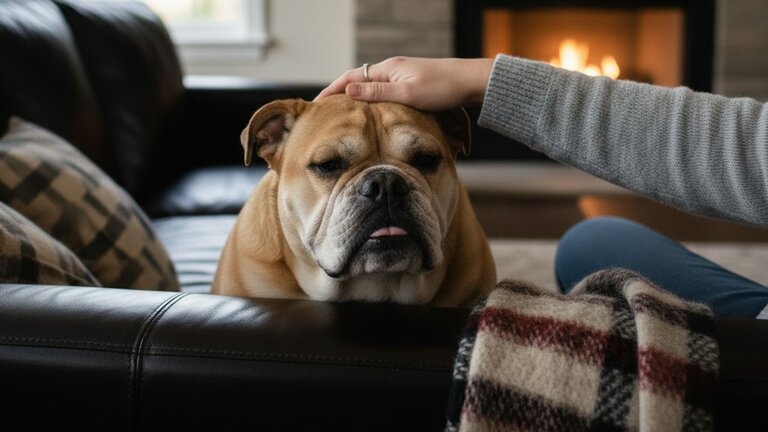 British bulldog sitting on sofa having a pat