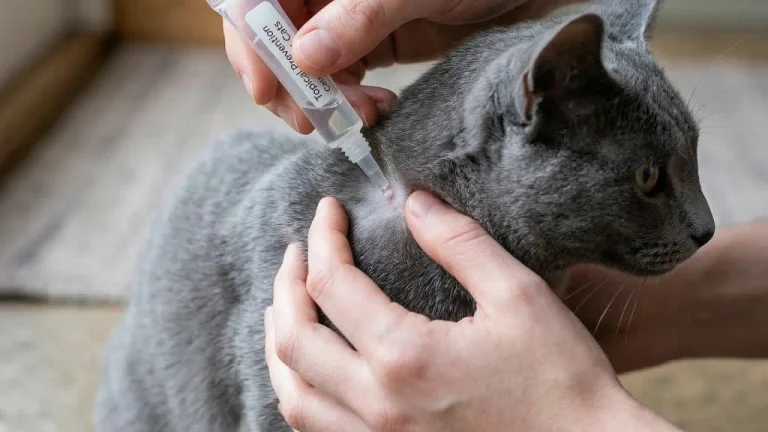 human applying topical parasite preventative to russian blue
