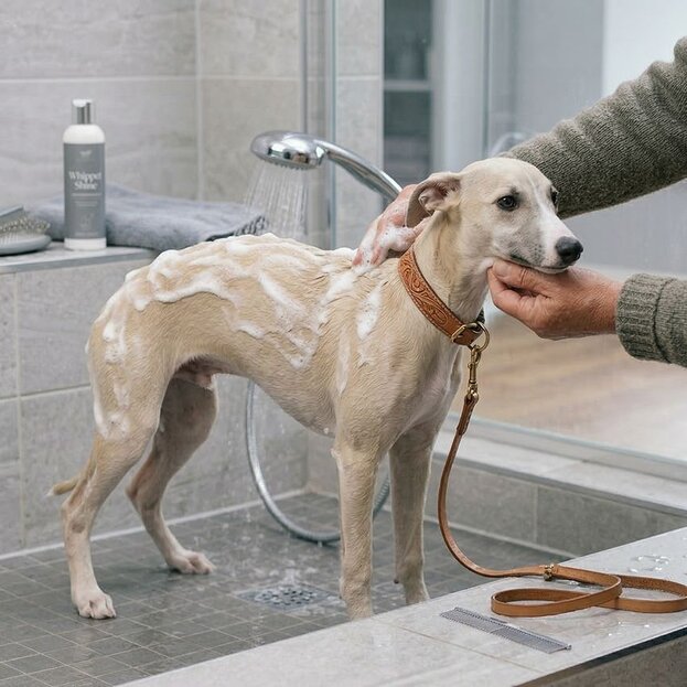 whippet being bathed