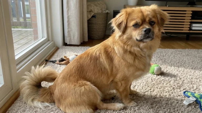 tibetan spaniel sitting on carpet