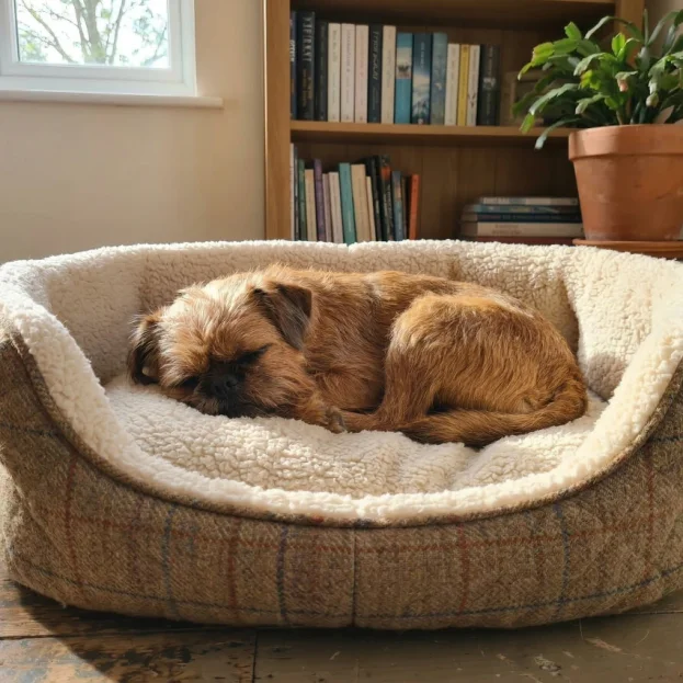 brussels griffon sleeping on dog bed
