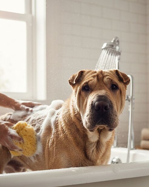 shar-pei having a bath