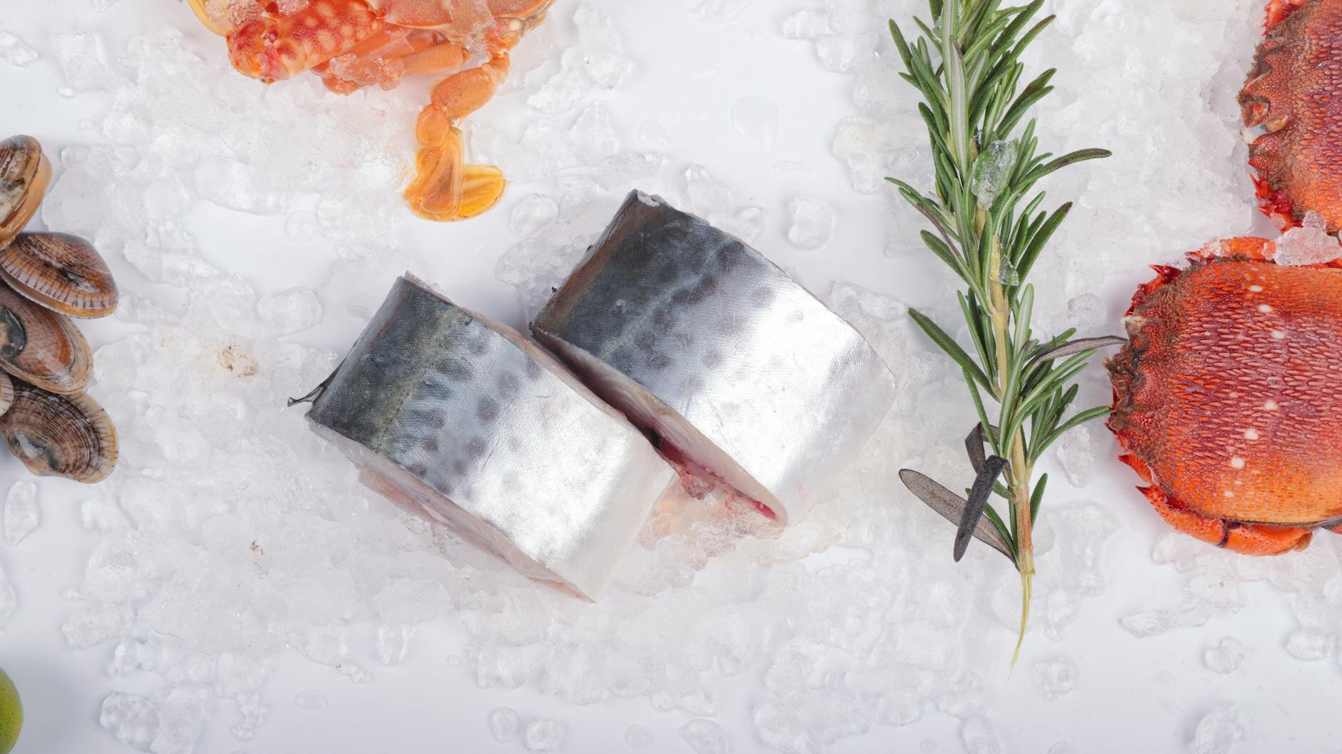 raw fish and crustaceans on ice