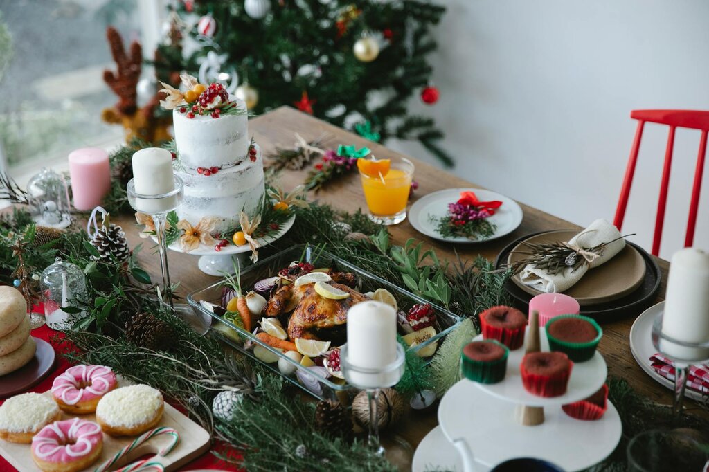 a table set for Christmas dinner