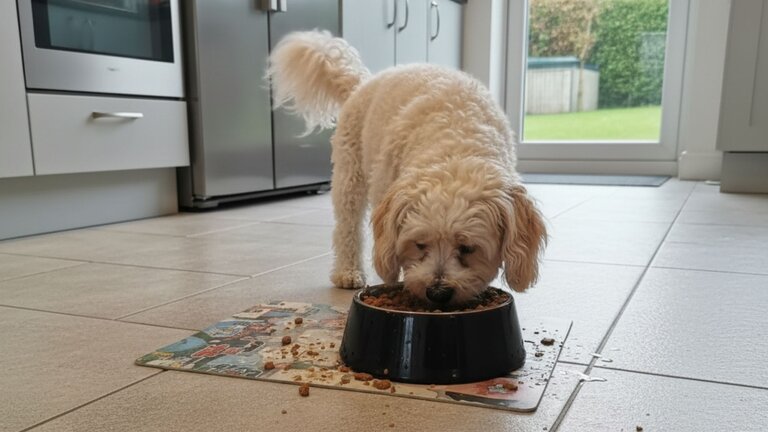 havanese eating from bowl in kitchen