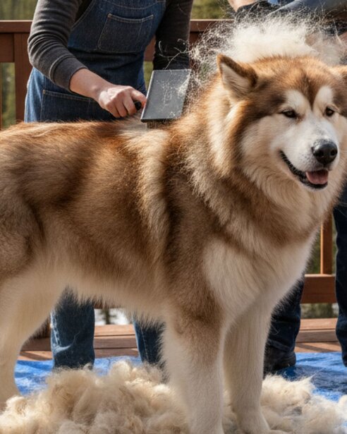 Alaskan Malamute being groomed