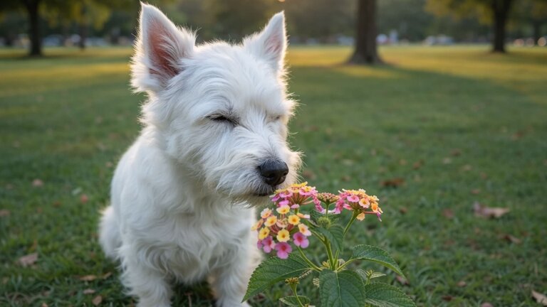 westie sniffing flowers
