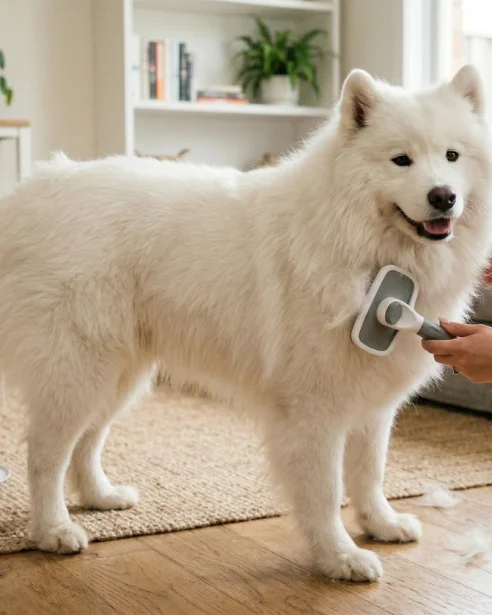 samoyed being brushed