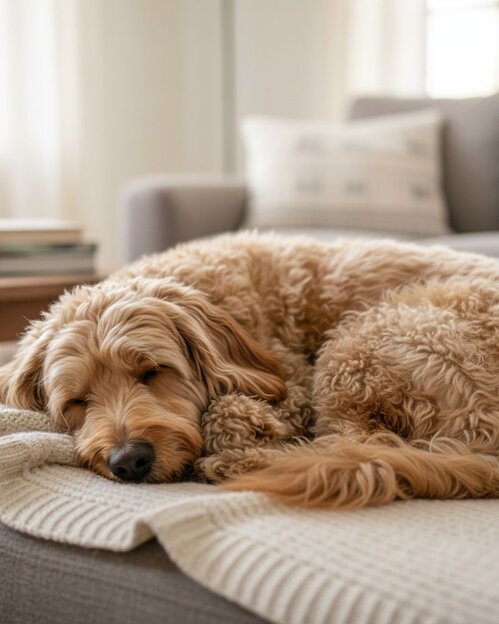 groodle sleeping on blanket