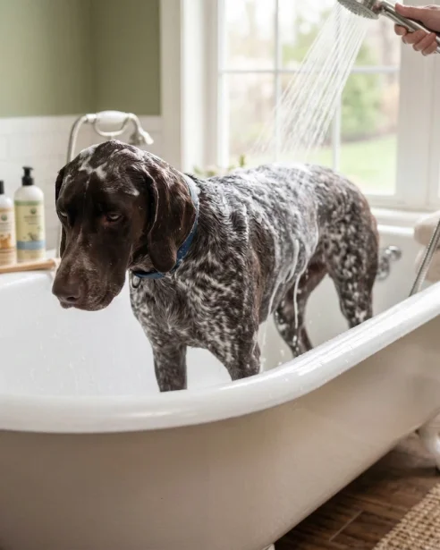 german shorthaired pointer having a bath