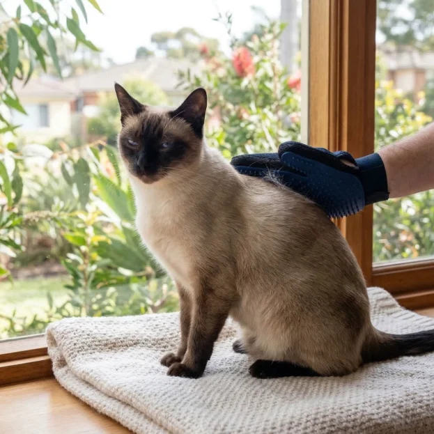 siamese cat being groomed