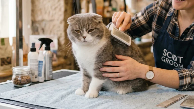 Scottish Fold cat being groomed