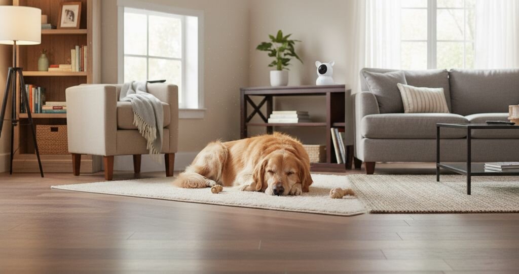dog resting on mat with pet camera in background
