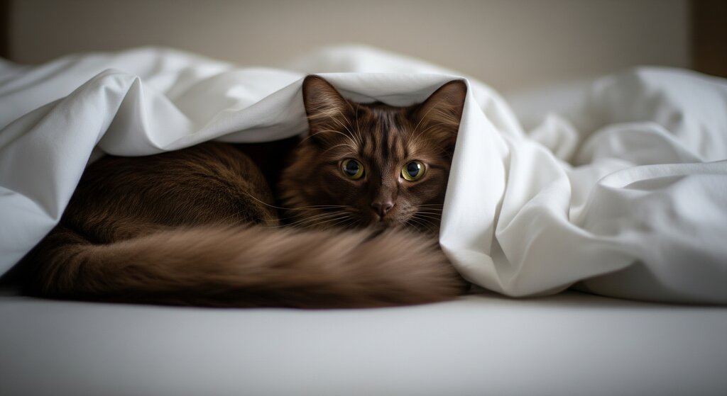 cat hiding under bed sheets