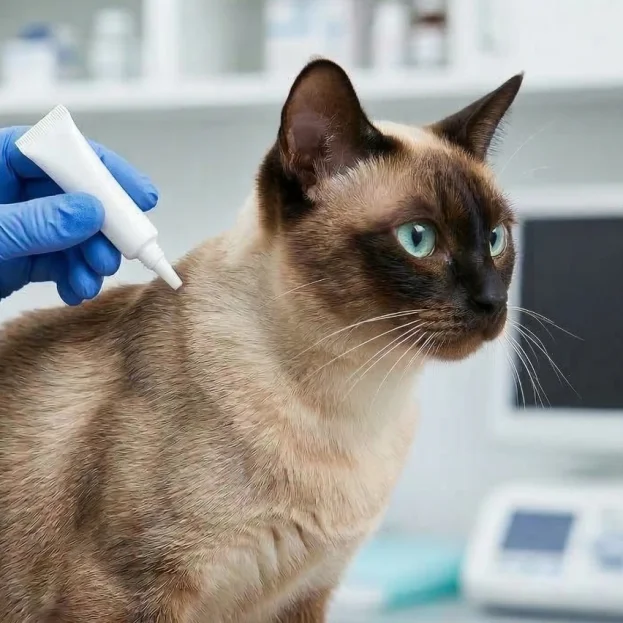 tonkinese cat having parasite preventative applied at vets