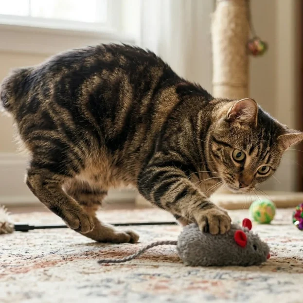 manx cat playing with toys
