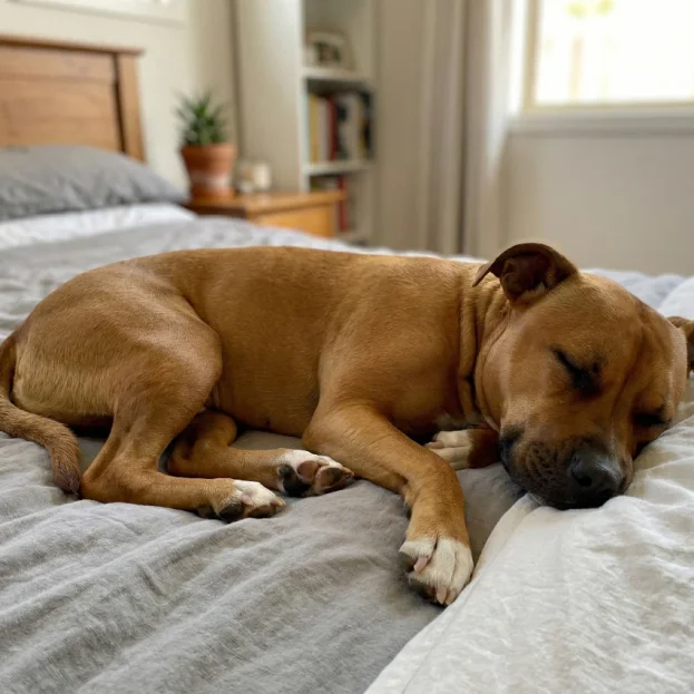 American staffy sleeping on bed