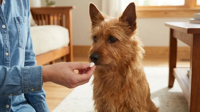Aussie Terrier getting given a tablet