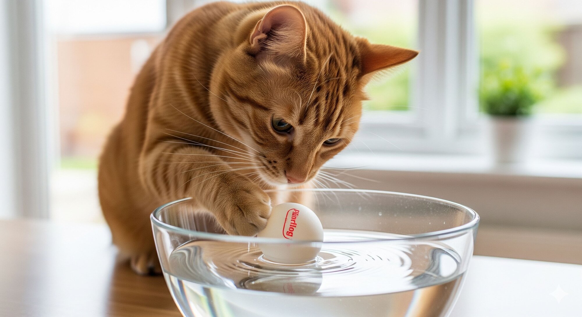 cat batting at ping pong ball in bowl of water