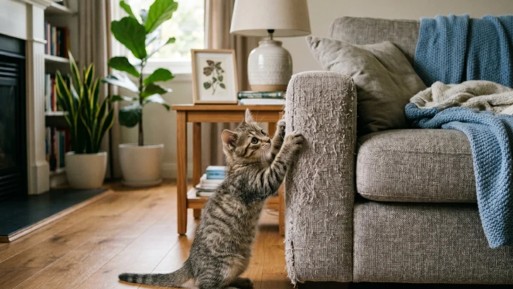tabby kitten scratching couch in a lounge room