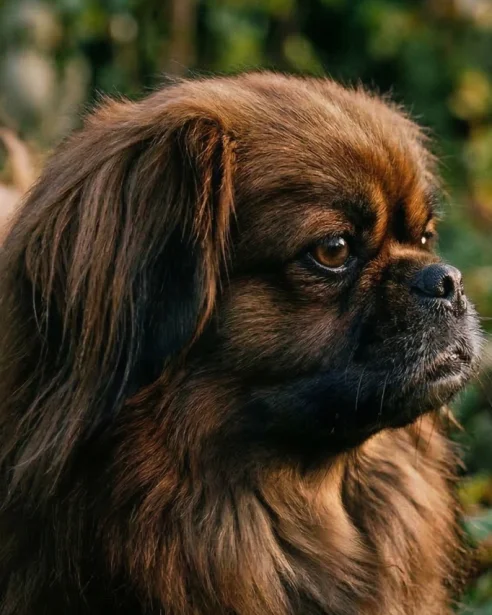 A detailed, close-up photograph of a small, long-haired Pekingese, in profile. The dog has a lush, rich chocolate-brown coat with a voluminous mane and is looking upwards and to the right with its large, dark eyes. It is positioned in a sun-dappled outdoor garden setting with a softly blurred background of green foliage, some dry, yellowish autumn leaves, and a light-colored rock. Soft, natural light highlights the texture of the dog's fur.