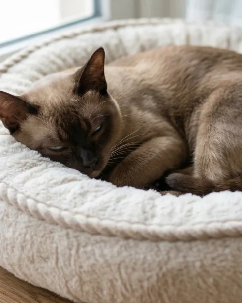 tonkinese cat sleeping on cat bed
