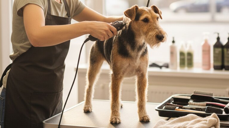 fox terrier being groomed