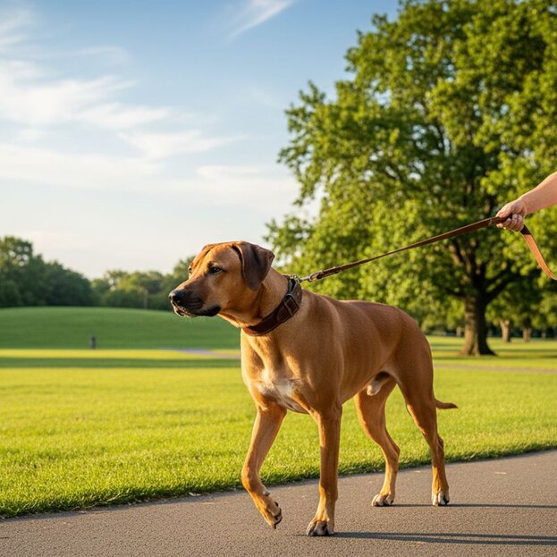 rhodesian ridgeback walking on lead