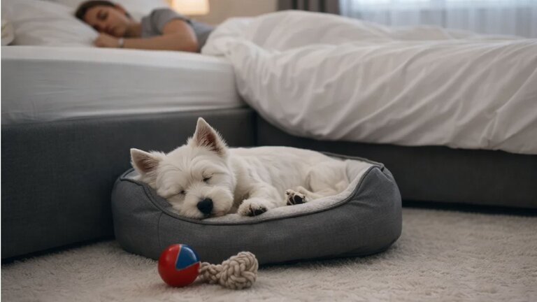 Westie sleeping in bed next to owner