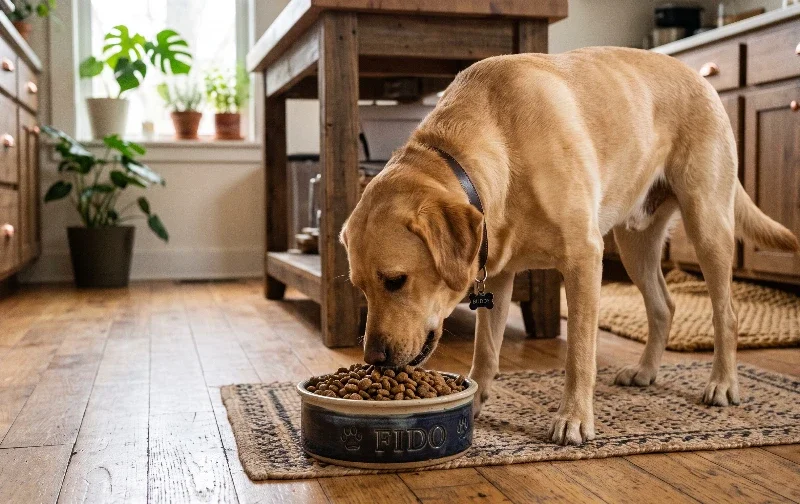 labrador eating dry food out of bowl