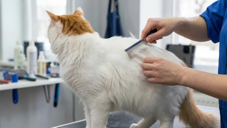 turkish van cat being groomed with comb