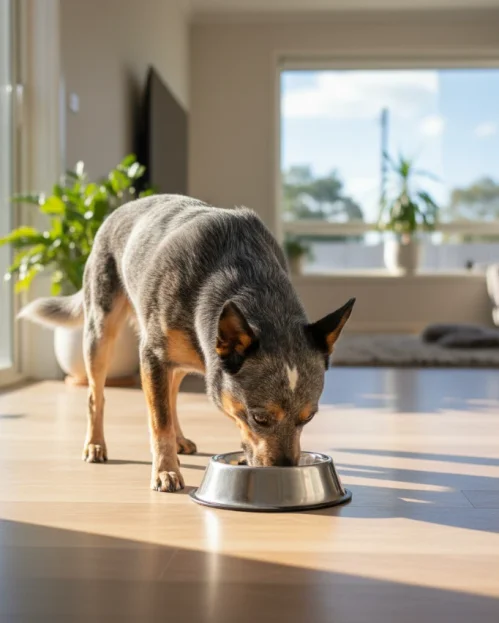 cattle dog eating from stainless steel bowl indoors