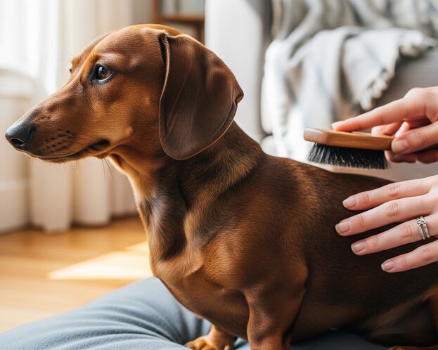 dachshund being brushed