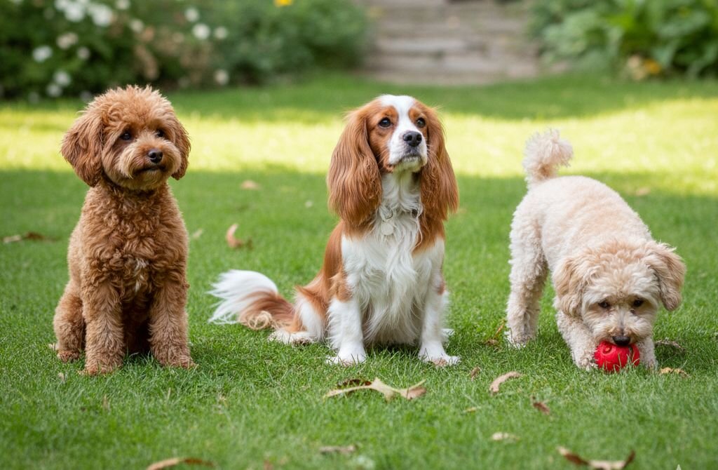 poodles and spaniel on grass