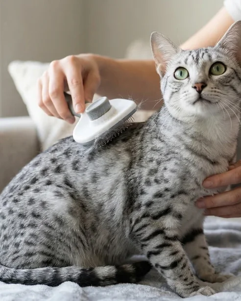 egyptian mau being groomed