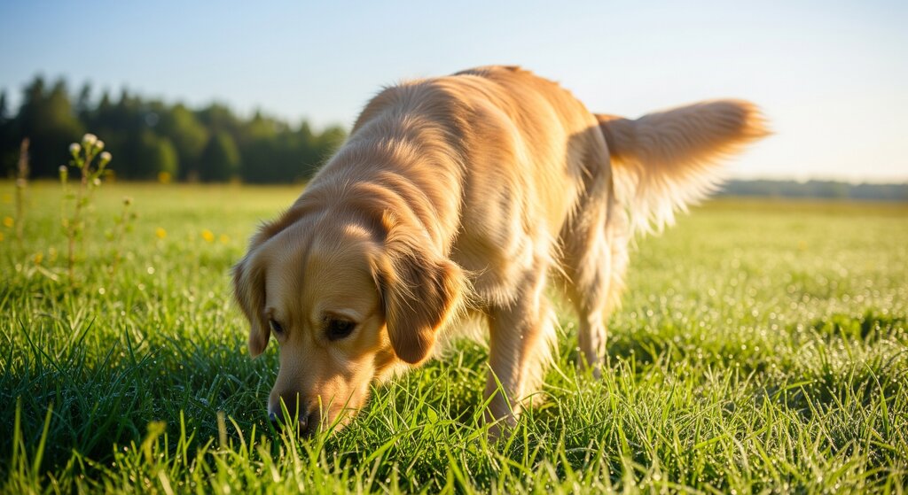 golden retriever eating grass
