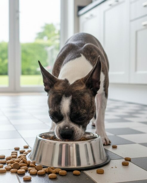 Boston terrier eating from bowl