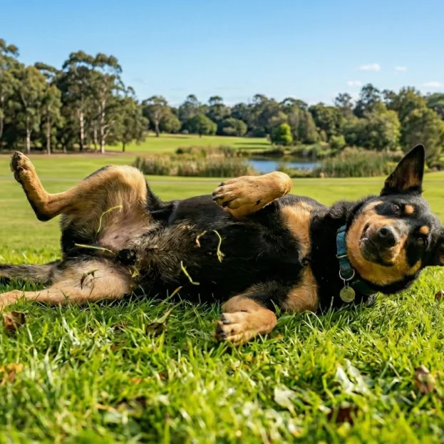 kelpie rolling on grass