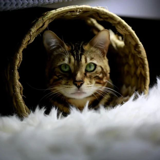 bengal cat in cat tunnel