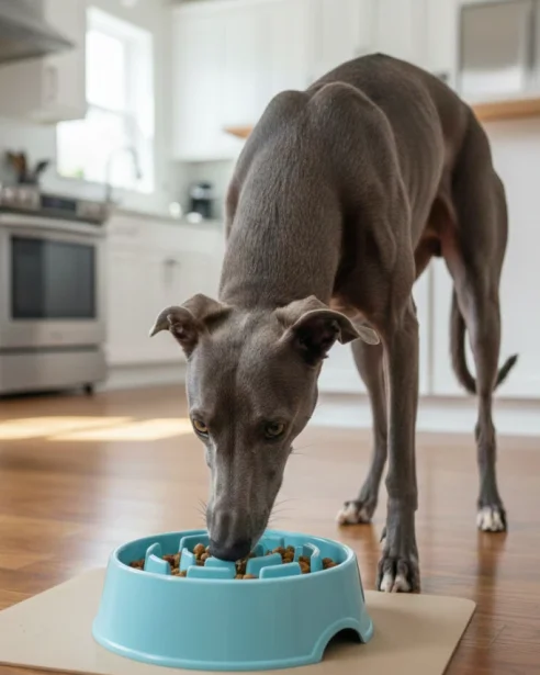 greyhound eating from slow feeder bowl