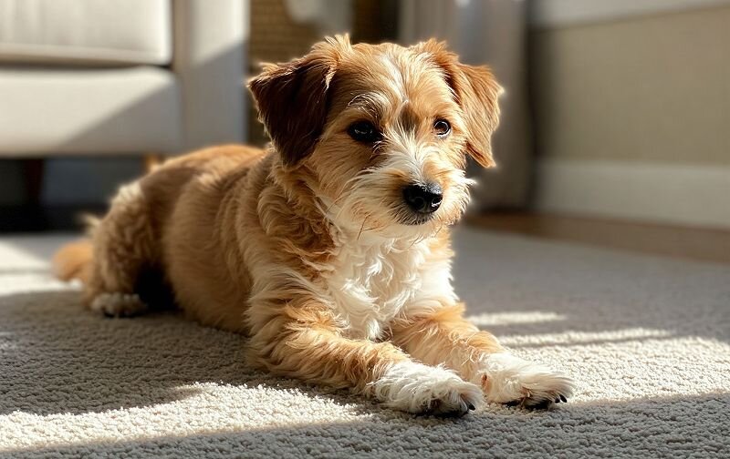 puppy lying on carpet in sunsine
