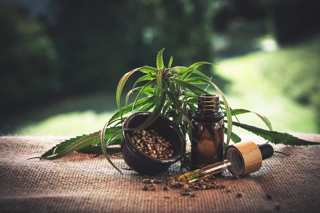 hemp products and a hemp leaf and hessian cloth
