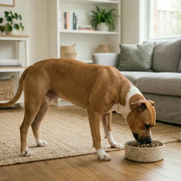 American staffy eating from bowl