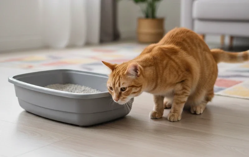 ginger cat toileting beside litter tray