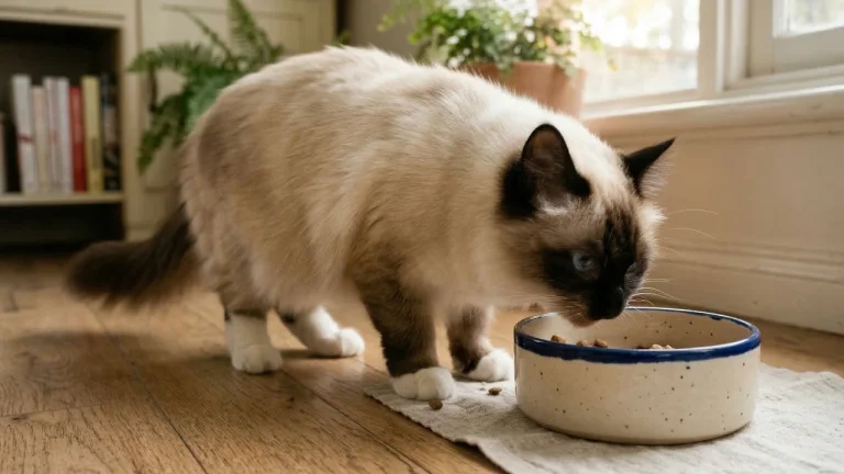 birman cat eating food from ceramic bowl