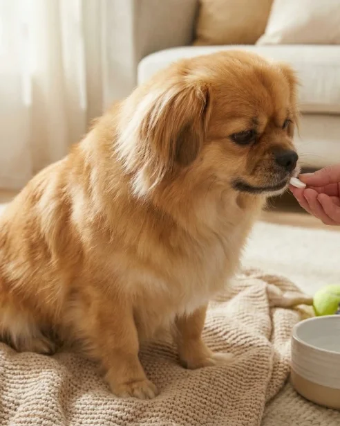 tibetan spaniel dog getting given a tablet