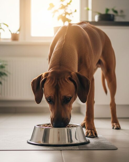 rhodesian ridgeback eating from stainless steel bowl in kitchen