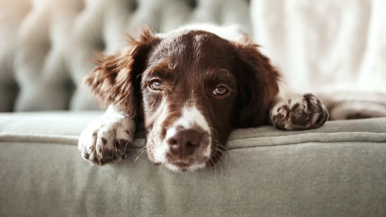 springer spaniel sitting on couch