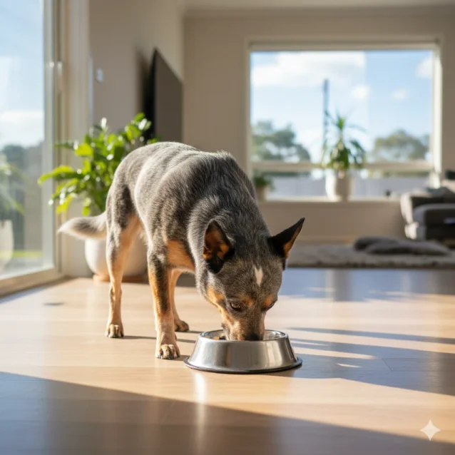 cattle dog eating from stainless steel bowl indoors